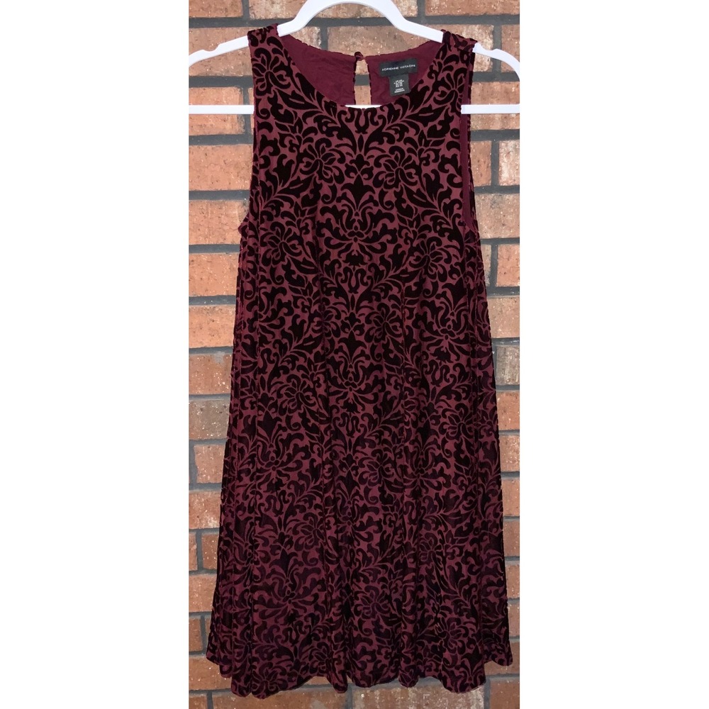 Adrienne Vittadini Womens Burgundy Velvet Damask Sleeveless Shift Dress XS
